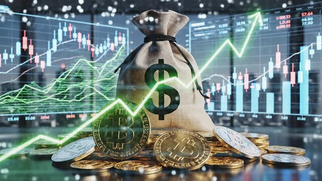 A video analysis of a money bag with coins and graphs showing financial growth.