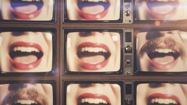 Multiple vintage televisions display screaming mouths with lips and mustaches