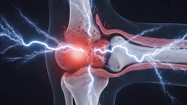 Animated 3D Medical Visualization Of Knee Joint Degeneration Showing Cartilage Loss And Bone Attrition With Red Glowing Inflammation And Electrical Discharge On Dark Background