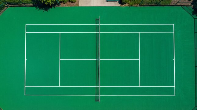 Aerial View of a Bright Green Regulation Tennis Court
