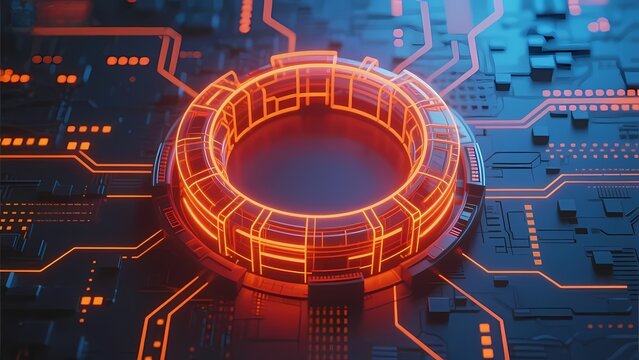 Futuristic circular circuit design with glowing orange rings on a blue electronic board