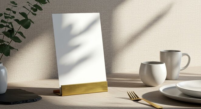 レストランのテーブルに置かれた金色のスタンド付きメニューモックアップ。食器と植物のある上品なテーブルセッティング。空白の広告テンプレート