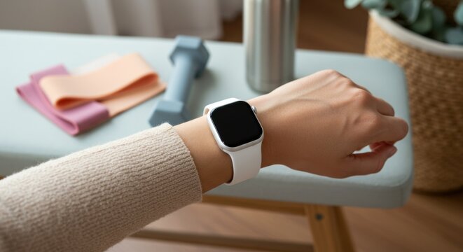 スマートウォッチをつけた手首とダンベル。自宅での筋力トレーニングと健康管理。フィットネスアプリによる運動の記録