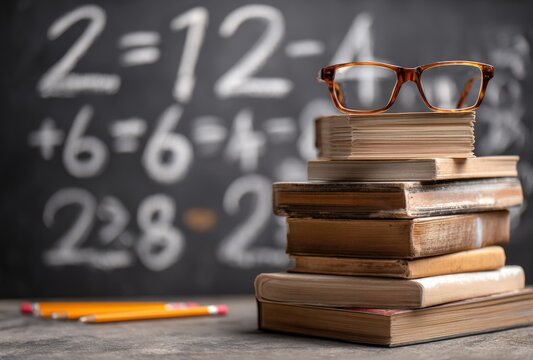 Stack of old books with retro eyeglasses on top and a chalkboard in background