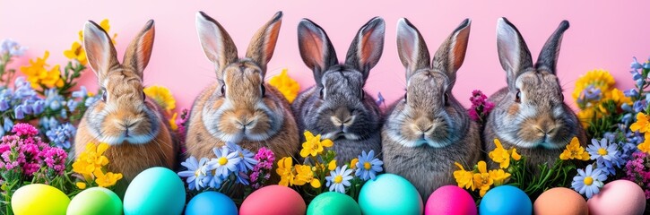 Four cute bunnies sitting surrounded by colorful spring flowers and painted Easter eggs. Easter greeting card composition with fluffy rabbits. Celebration of holiday and spring nature theme.