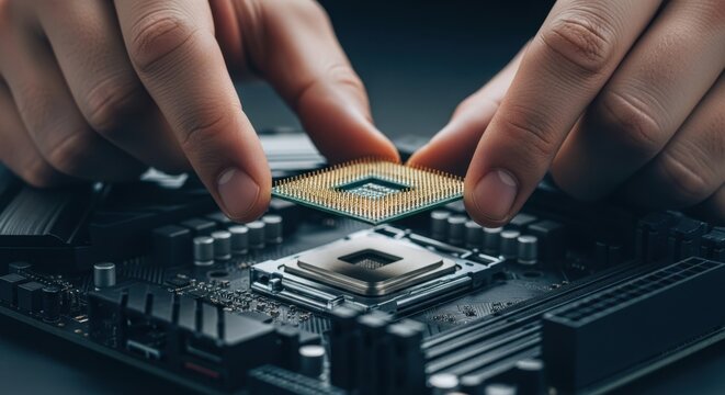 Close-up of hands installing a CPU processor onto a computer motherboard, highlighting intricate electronic components and modern technology.