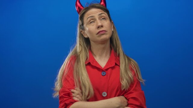 Woman wearing a red shirt and devil horn headband stands with arms crossed in a blue studio; rejection.