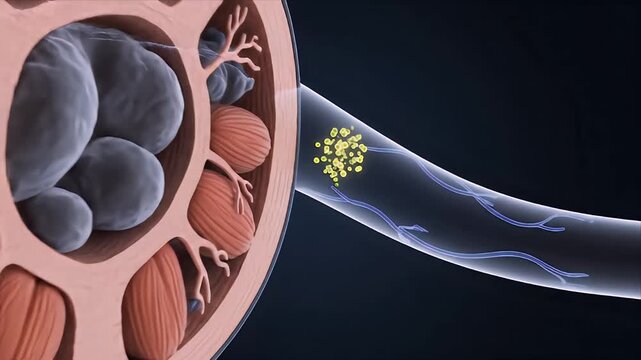 Detailed 3D Animation Illustrates Axon Synaptic Transmission and Neurotransmitter Release into Synapse with Sciatic Nerve Cross Section