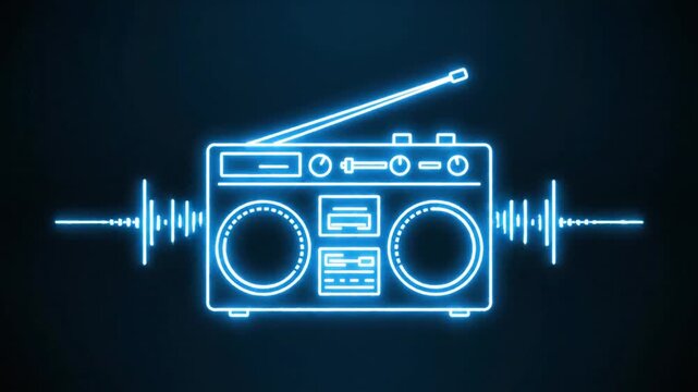 Neon blue boombox radio outline with sound waves on black