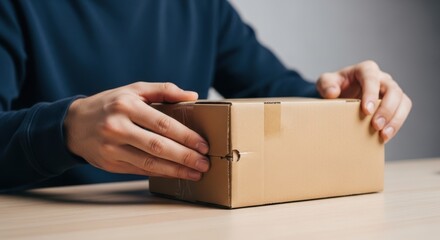 Close-up of a person's hands opening a brown cardboard delivery box on a wooden table, concept of online shopping, shipping, and unboxing.
