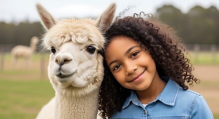 Fototapeta premium A smiling child leans against a fluffy white llama in a grassy field on an overcast day