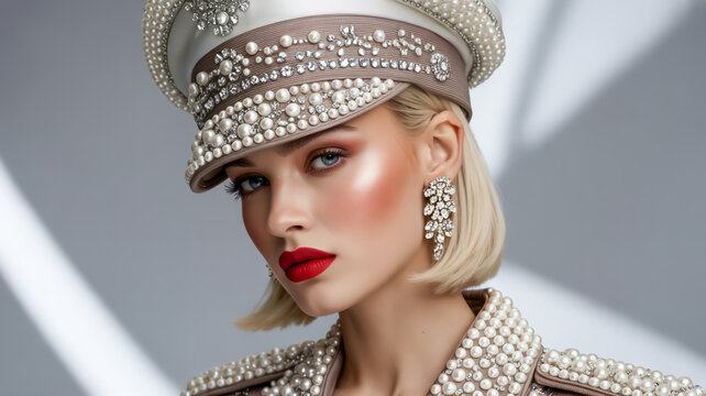 A high-fashion portrait photograph with dramatic lighting against a light gray background