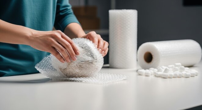 Person's hands carefully wrapping a fragile item in bubble wrap for safe shipping, with rolls of bubble wrap and packing peanuts on a white table.