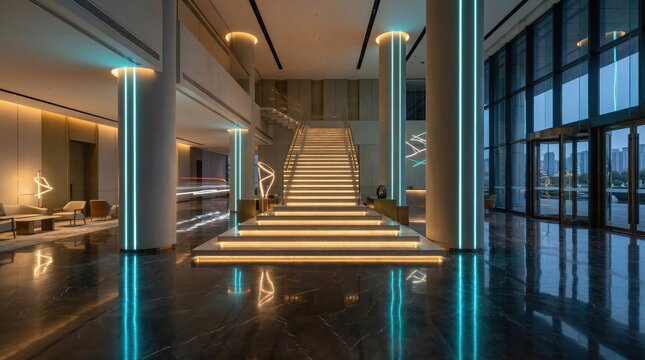 Luxury Hotel Lobby with Modern Staircase Interior.