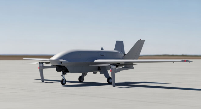 Advanced Hybrid VTOL Unmanned Aerial Vehicle (UAV) on an Airfield, Ready for Take-off Under a Clear Blue Sky