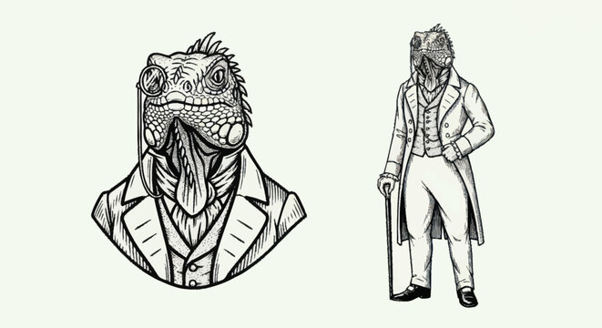 Anthropomorphic Lizard Man in Victorian Attire.
