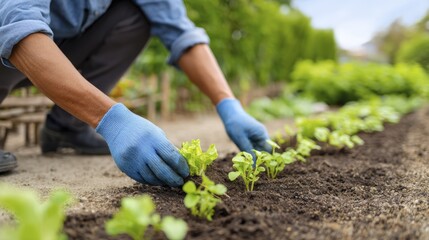 Fototapeta premium Gardening enthusiast planting fresh lettuce seedlings in neat rows
