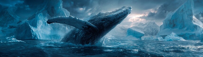 Naklejka premium Elegant whales amidst the majestic icebergs in greenland's pristine waters. Cinematic poster. Glimmers of aurora grace whale movements among greenland's massive icebergs. Film poster.