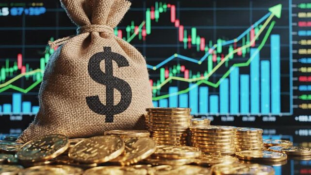 A money bag with dollar sign surrounded by gold coins and stock market Video graph display.