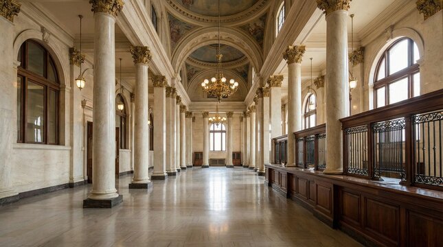 Grand Historic Bank Interior with Marble Columns and Vaulted Ceiling