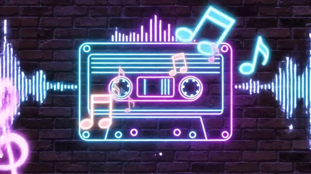 Neon music cassette tape with sound waves on dark brick wall.