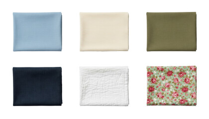 Fototapeta premium Set of six rectangular fabric swatches in various colors and textures, including solid light blue, cream, olive green, navy blue, a textured white quilted fabric, and a green floral print with pink ro
