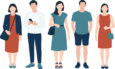 Obraz premium Flat Vector Illustration of Diverse Young Men and Women Standing Together in Casual Summer Outfits, Fashionable People Collection for Modern Minimalist Graphic Design Projects.