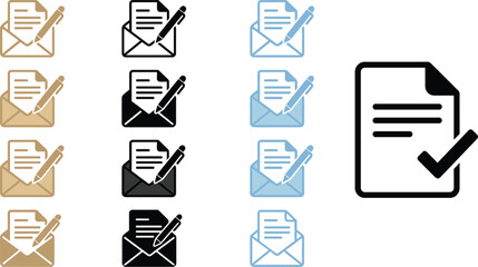 Document approval and email signature icon set contract verification checklist message envelope signing concept business flat vector illustration