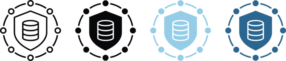 Database network security icons set with connected nodes shield protection and server storage symbols modern technology flat vector illustration