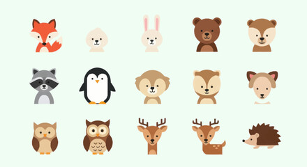 Collection of Cute Cartoon Forest Animals and Woodland Creatures.