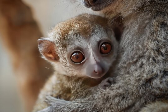 Madame Berthe's mouse lemur mother with infant clinging to fur in Madagascar forest portrait