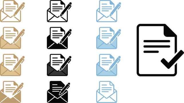 Document approval and email signature icon set contract verification checklist message envelope signing concept business flat vector illustration
