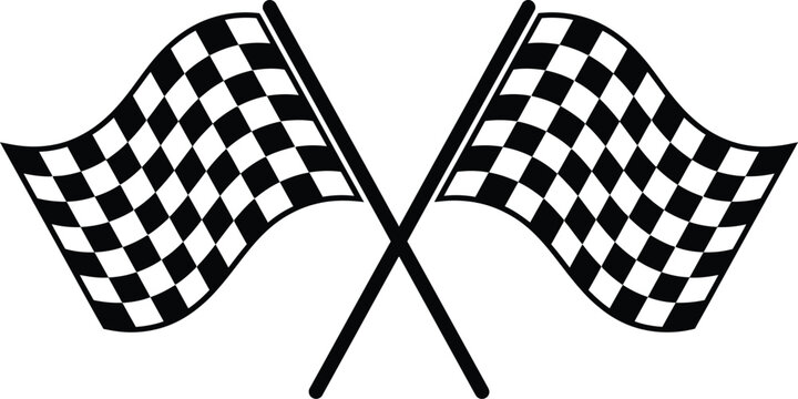 Black and white checkered racing flags crossed, waving, vector graphic illustration