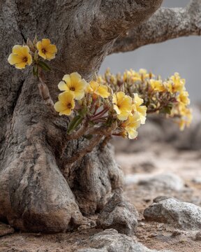 Pachypodium rosulatum with yellow flowers blooming on sculptural trunk in Madagascar terrain