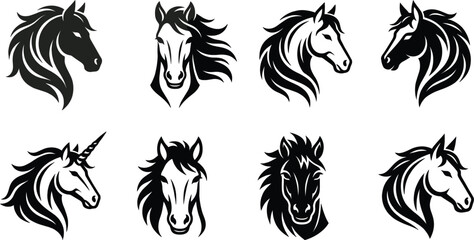 Horse head silhouette icon set wild stallion equine mascot logo collection black animal profile vector illustration design elements © Mohammad