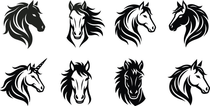Horse head silhouette icon set wild stallion equine mascot logo collection black animal profile vector illustration design elements