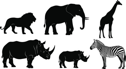 Large set of black safari animal silhouettes including elephant lion giraffe rhinoceros and zebra isolated on white background for wildlife design, © MdShafiqul