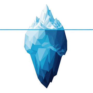 A low poly style blue iceberg partially submerged in water on transparent background