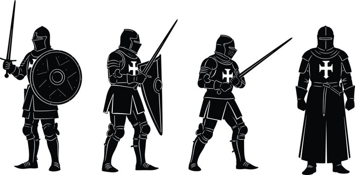 Medieval knight silhouette set crusader warrior armor sword shield templar cross soldier standing combat pose vector illustration collection