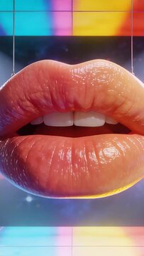 Glossy lips starting bob on light change hovering opening while neon bands shifting showing design