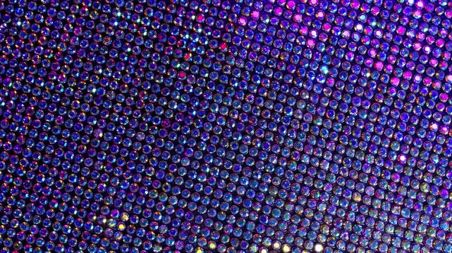 Rotating Rainbow Rhinestone Grid. Macro video of faceted crystals with vibrant rainbow shimmer and smooth rotational camera movement on dark surface.