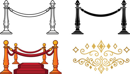 Luxury red carpet stanchion rope barrier set elegant vip entrance queue posts velvet rope event decoration vector illustration collection © Mohammad