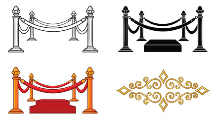 Luxury red carpet barrier stanchion rope set with decorative ornament elegant event entrance vip velvet rope vector illustration © Mohammad