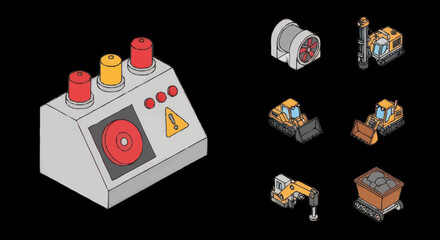 Isometric Industrial Control Panel and Construction Equipment Set. © Anak