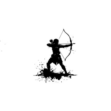 An archer in traditional attire drawing back a bow with an arrow nocked.