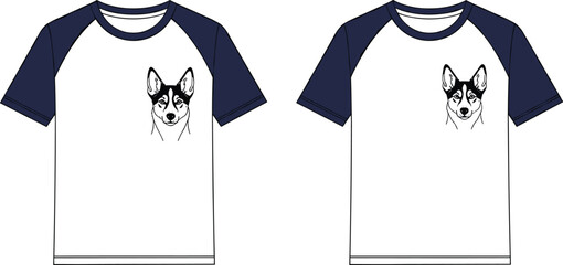 Two raglan t-shirt templates with navy blue sleeves and white bodies featuring a black and white husky dog line illustration. © MSTJAHERA