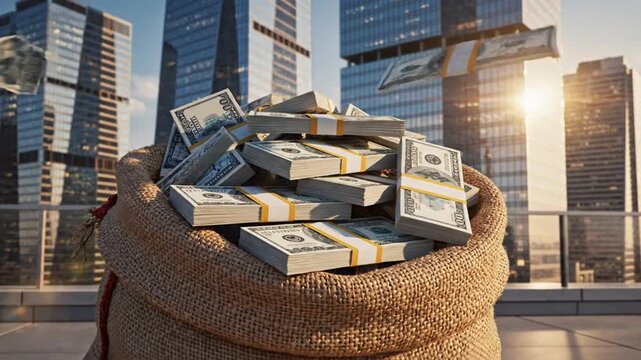 A large sack overflowing with bundles of money bills on a rooftop with skyscrapers.