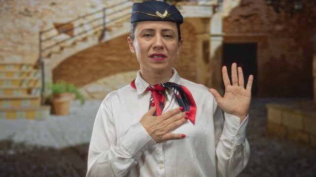 Woman air hostess in white shirt and navy cap places hand on chest and raises palm on cobblestone street; sincerity commitment duty service.