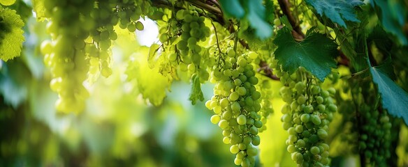 Naklejka premium The Green Grapes Hanging on Vineyard Vines in Warm Sunlit Summer Morning
