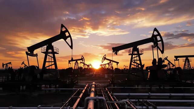 Petroleum pumpjack machines working across oil field at sunset horizon showing energy industry extraction production infrastructure and global fuel supply cinematic video